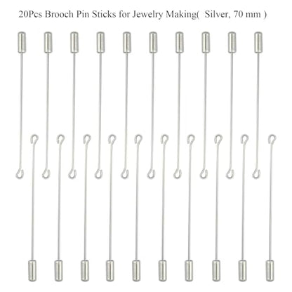 20Pcs Brooch Pin Stick for Jewelry Making, Silver Brooch Stick Pin 70 mm Long Lapel Brooch Metal Safety Pin Stick with Stopper Ends Hat Pin for Boutonniere Jewelry Making