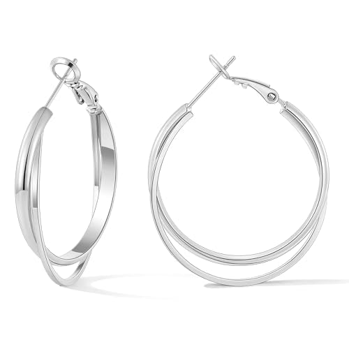 Gacimy Criss Cross Hoop Earrings for Women, 14K Gold Plated Hoops | Hypoallergenic 3mm Wide Double Layer Crossover Hoop Earrings with Lightweight Statement Design, Fashion Gift for Women - color: Silver, size: 30mm