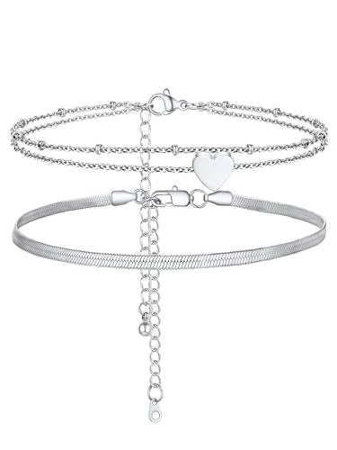 PROSTEEL Trendy Handcuffs Design/Customize Words Ankle Bracelet For Women, 316L Stainless Steel Anklets Silver/Gold/Black Tone, Hypoallergenic, Come with Box - style: 06.2 Layered-Herringbone&Heart-Silver