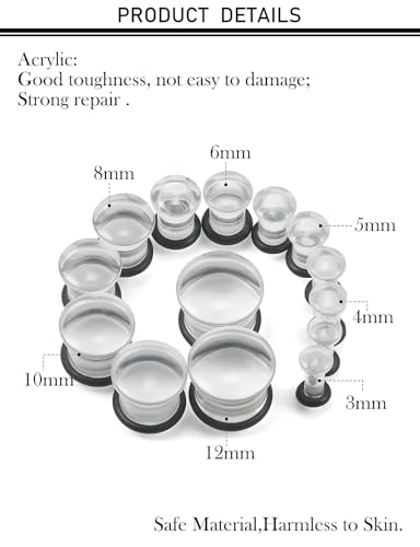8G-12mm Acrylic Single Flare Gauges for Ears with Silicone O-Ring Opalite/Black/White/Clear Gauges Plugs and Tunnels Stretcher Expander Stretching Kit for Women Men - color: Clear 8G-12mm