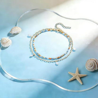 KissYan Beaded Anklets for Women, Seed Beads Layered Ankle Bracelets | Zirconia Anklet with 14K Gold Plated Link Chain, Adjustable Summer Bead Foot Chain, Sparkling Handmade Jewelry Gift - color: Blue
