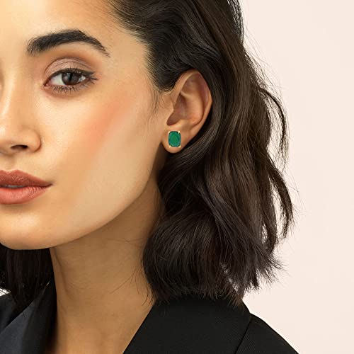 Women's 18K Gold Plated 8x10mm Princess Cut Gemstone Stud Earrings – Birthstone Jewelry for Her – Classic Cushion Studs - color: Green Onyx