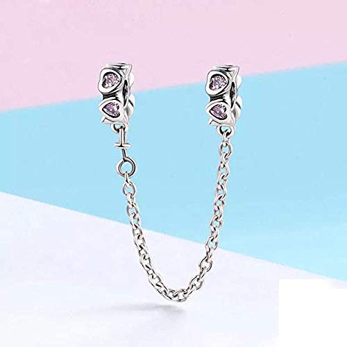 Heart Safety Chain Charms 925 Sterling Silver Love Beads fit Bracelet & Necklace - color: Pink