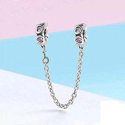 Heart Safety Chain Charms 925 Sterling Silver Love Beads fit Bracelet & Necklace - color: Pink
