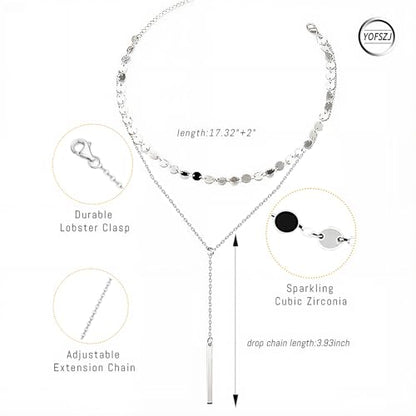 14K Gold Plated Y Necklace for Women – Dainty Lariat Long Pendant Chain, Layered Drop Necklace for V Neck Dress, Simple Sexy Cleavage Jewelry Gifts for Women - color: Silver - Double layered - Sugar cube