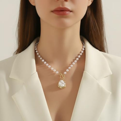 Chunky Pearl Necklaces for Women Chunky Baroque Pearl Beaded Gold Chain Link Pearls Pendant Necklace White Pearls Necklace Valentine's Day Jewelry Gifts Party Prom Birthday Outfits Accessorie - style: Pearl Necklace, Pearl Pendant