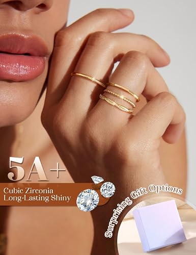 CASSIECA Non Tarnish Gold Rings for Women Dainty Marquise Stack Rings Set | 14K Gold Plated,Stackable Ring Set,Thin Thumb Wedding Band Ring,Marquise Engagement Statement Ring,Waterproof,Jewelry Gifts - color: 14K Gold Plated
