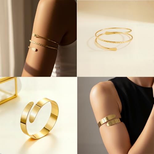 ItsStarred Minimalist Arm Cuff Gold Plated, Upper Arm Cuff Bangle Bracelet for Women, Adjustable Arm band Set 6 Pieces - color: E: Gold Plated Coil