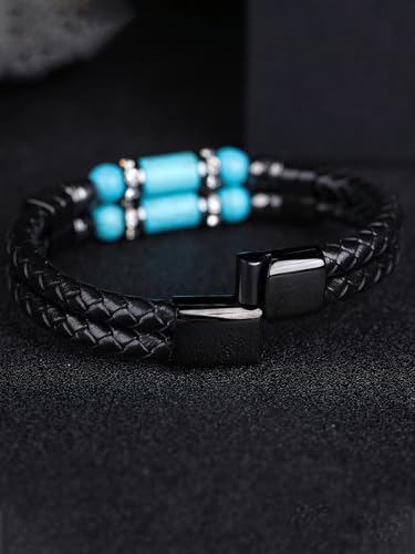 Mens Leather Turquoise/Tiger Eye/Obsidian/Lava Stone Bracelet–Braided Multi‑Layer Wristband Cuff Bangle Barcelet–Jewelry Box and Pouch Packing - color: Obsidian Stone, size: 8.3in(Fits most wrists)