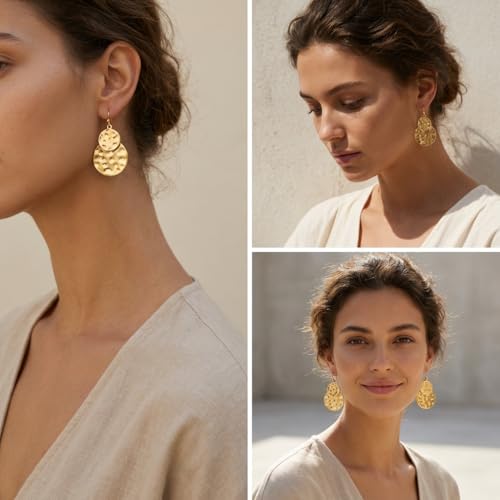 Antique Gold Hammered Disc Drop Earrings Boho Earrings with Two Tone Jewelry Gift - color: AMZ-EH21299A-L