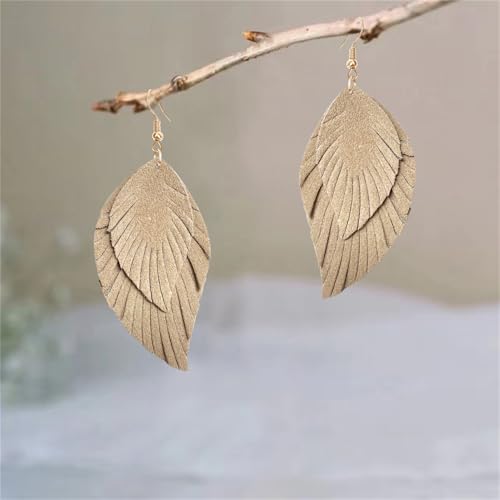 Handmade Bohemian Large Soft Genuine Leather Fringe Double Feather Dangle Drop Earrings Lightweight Simple Color PU Leaf Hook Earrings for Women - color: khaki