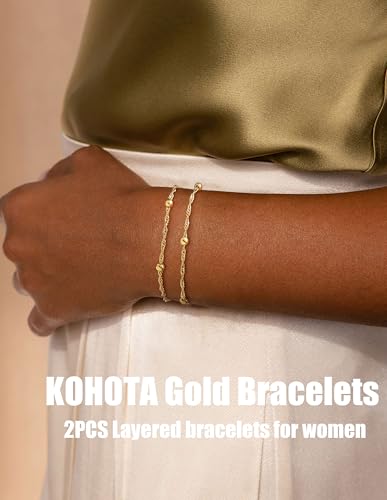 KOHOTA Silver Gold Bracelets for Women Trendy 14K Gold Plated Bracelet for Women Non Tarnish Dainty Stackable Layered Chain Heart Pearl Knot Beaded Bracelets Stack Set Charm Mothers Day Jewelry Gifts - color: D.Satellite beads-gold