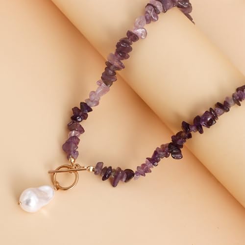 Bohemian Stone Pearl Choker Necklace for Women Dainty Natural Irregular Stone Choker Turquoise Beaded Lariat Necklace Simple Fashion OT Toggle Spiritual Handmade Jewelry - color: Purple