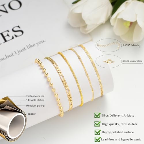 Gold Ankle Bracelets for Women,14k Gold Plated Anklets Waterproof Cuban Link Tennis Herringbone Beaded Chain Anklets Set Layered Anklet Bracelets for Women Adjustable Summer Beach Jewelry 5pcs - color: B:Gold mariner +figaro+ball+ bead+ shard
