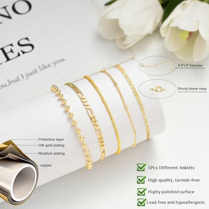 Gold Ankle Bracelets for Women,14k Gold Plated Anklets Waterproof Cuban Link Tennis Herringbone Beaded Chain Anklets Set Layered Anklet Bracelets for Women Adjustable Summer Beach Jewelry 5pcs - color: B:Gold mariner +figaro+ball+ bead+ shard