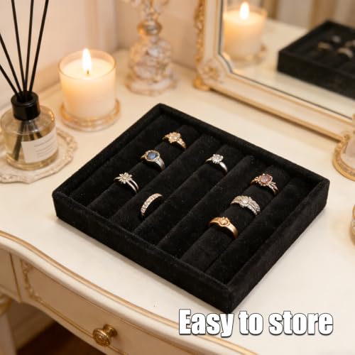 Small Jewelry Tray Set 4 Pcs Black Velvet Stackable Jewelry Organizer Tray Mini Jewelry Drawer Organizer for Necklace Ring Earrings Jewelry (4 Styles) - color: Black