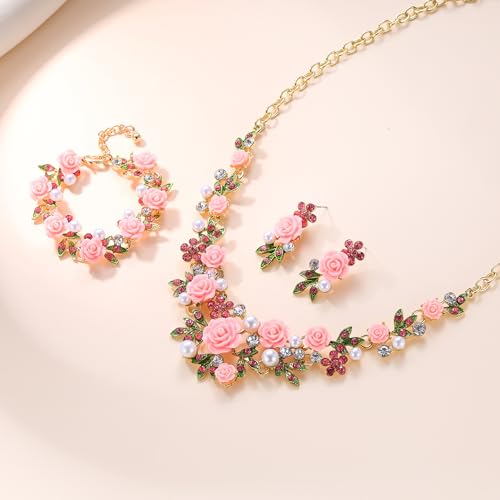 EVER FAITH Costume Jewelry Crystal Simulated Pearl Rose Flower Leaf Prom Party Statement Necklace Earrings Bracelet Set for Women - color: Pink Gold-Tone