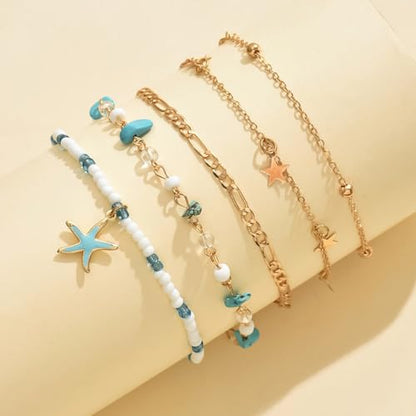Ankle Bracelets for Women Gold Anklet Set Boho Vacation Gift | Gold anklet set for women 5 styles with matching gift pouch.Boho adjustable non-tarnish jewelry.Perfect present idea. - color: Starfish