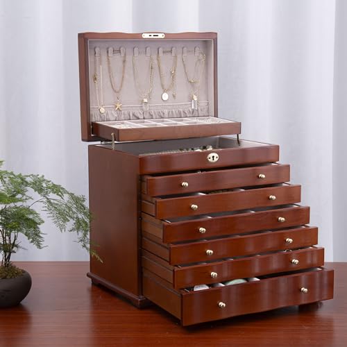 Solid Wood Jewelry Box w/Lock, 9-Layer Large Storage Organizer | Wooden Jewelry Cabinet for Women, 100+Compartments Armoire, Velvet Lining Drawers, Wavy Curved Glossy Brown Rustic Gift - style: Rustic