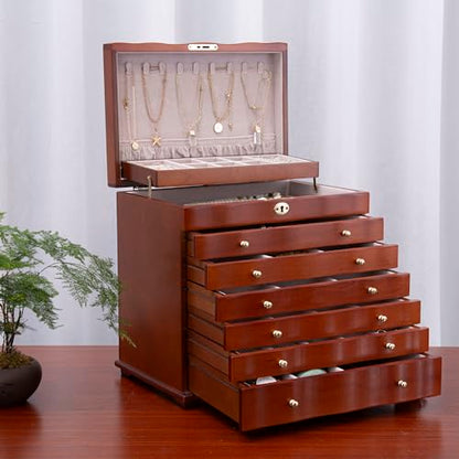 Solid Wood Jewelry Box w/Lock, 9-Layer Large Storage Organizer | Wooden Jewelry Cabinet for Women, 100+Compartments Armoire, Velvet Lining Drawers, Wavy Curved Glossy Brown Rustic Gift - style: Rustic