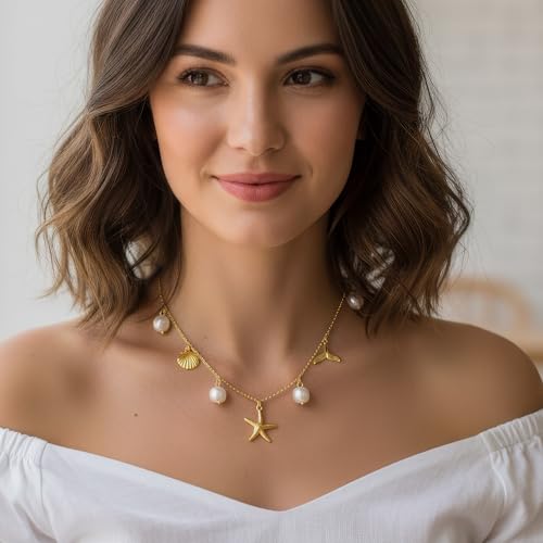 Gold-plating Necklaces for Women, Pearl Seashell Flower Pendant Necklace, Boho Lariat Long Necklace Set, Trendy Summer Beach Jewelry - color: Gold 2