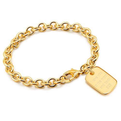 Dankadi Women 925 Sterling Silver Round Cable Wire Link Bracelet Charm Heart-Bell-Square-Circle Pendant Chain Bangle Fine Jewelry Gift For Wife Her - color: 8.5MM Gold Square Pendant, size: 9.5 in