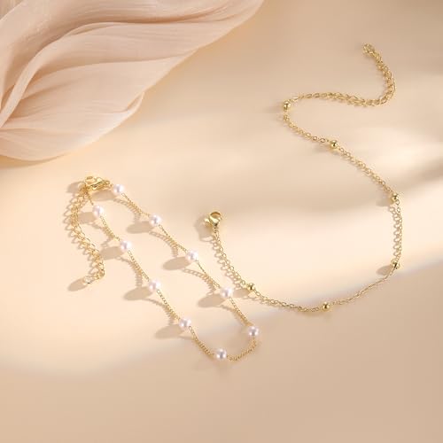 MFRYK Gold Plated Layered Anklet for Women, Adjustable Ankle Bracelet Gift | Adjustable layered chain anklet,secure clasp,waterproof,tarnish-resistant,lightweight,for beach,vacation,parties,daily wear - color: gold