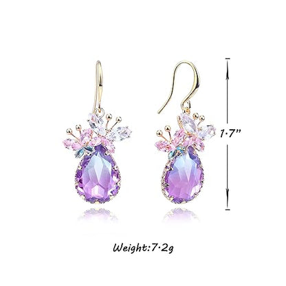 Crystal Teardrop Earrings CZ Butterfly Earrings Gold Dangle Earrings Jewelry Gift for Women - color: Purple..