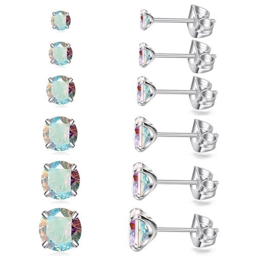 6 Pairs Stud Earrings Set, Hypoallergenic Cubic Zirconia Earrings 316L Stainless Steel CZ Earrings 3-8mm - color: A-Aurora Borealis CZ