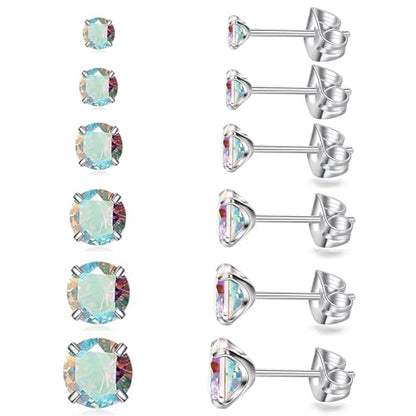 6 Pairs Stud Earrings Set, Hypoallergenic Cubic Zirconia Earrings 316L Stainless Steel CZ Earrings 3-8mm - color: A-Aurora Borealis CZ