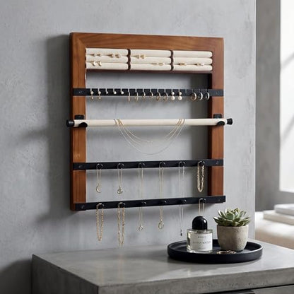 Hives and Honey Tori Wall Hanging Jewelry Rack – Wall-Mounted Organizer with Ring Rolls, Earring Slots, Bracelet Bar & Necklace Hooks, Anti-Tarnish Linen, Walnut - color: Walnut