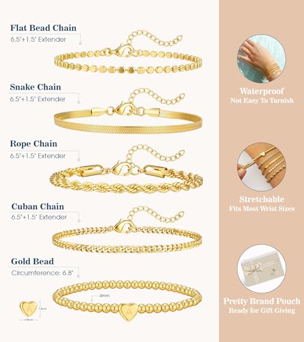 doubgood Gold Bracelets for Women Non Tarnish, Waterproof Gold Bracelet Stack Set with Initial Charm Dainty Layered Chain Heart Jewelry Gifts for Women - color: T - Gold