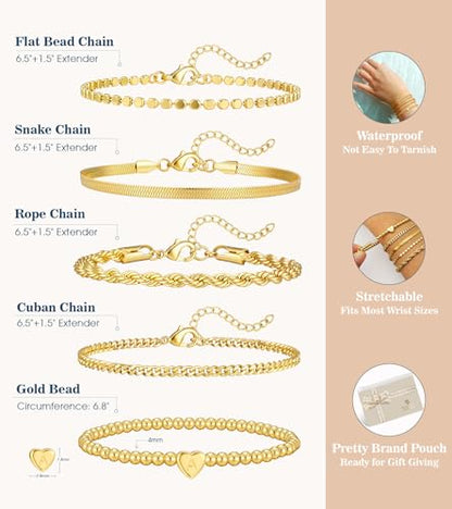 doubgood Gold Bracelets for Women Non Tarnish, Waterproof Gold Bracelet Stack Set with Initial Charm Dainty Layered Chain Heart Jewelry Gifts for Women - color: M - Gold