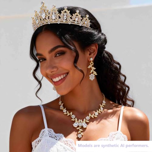 Kamirola Women's Wedding Jewelry Leaf Cluster Flower Crystal Dangle Earrings Pendant Necklace Set for BridalCrystal Bridal Jewelry Set - color: Gold White