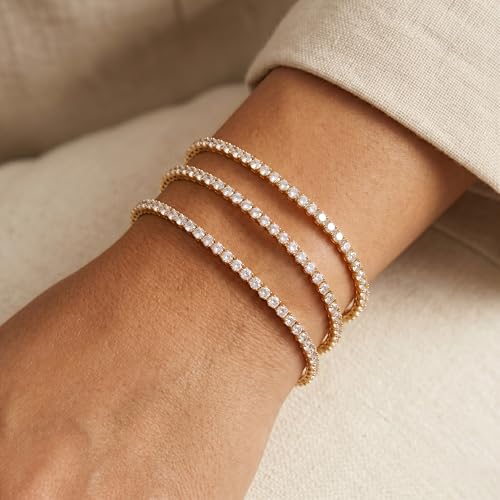 925 Sterling Silver Bracelets for Women Stack, Trendy Tennis Bangle Cuff Jewelry Set 14K Gold Plated, Adjustable Bracelet Set for Wrist Essentials, Women Fashion Watch Band Acecessories - style: Bracelet_3pcs(Gold Tennis Set 2mm)