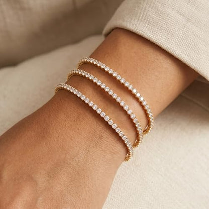 925 Sterling Silver Bracelets for Women Stack, Trendy Tennis Bangle Cuff Jewelry Set 14K Gold Plated, Adjustable Bracelet Set for Wrist Essentials, Women Fashion Watch Band Acecessories - style: Bracelet_3pcs(Gold Tennis Set 2mm)