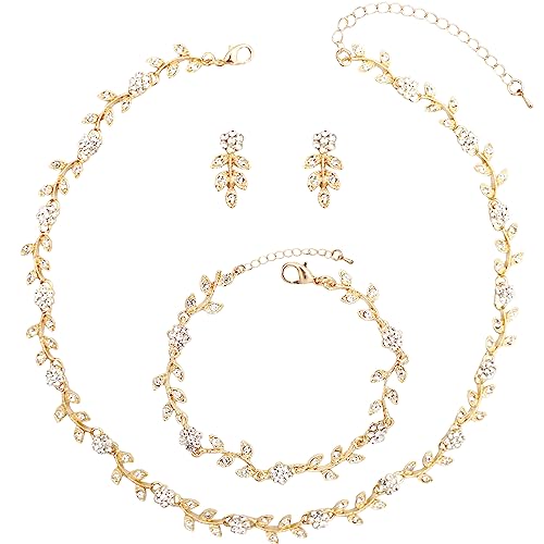 Austrian Crystal Rhinestone Choker Necklace Dangle Earring Link Bracelet Jewelry Set for Brides Bridesmaid Prom Costume Accessories for Women - color: En001-White-Gold Plated