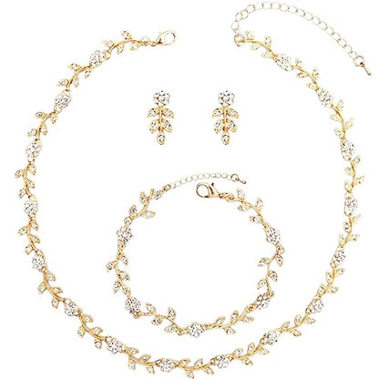 Austrian Crystal Rhinestone Choker Necklace Dangle Earring Link Bracelet Jewelry Set for Brides Bridesmaid Prom Costume Accessories for Women - color: En001-White-Gold Plated