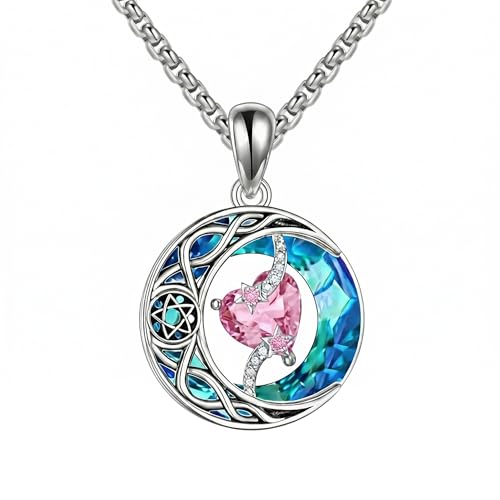 ONEFINITY Moon Star Necklace 18K White Gold Plated Celtic Moon Birthstone Pendant Necklaces Heart Birthstone Anniversary Birthday Jewelry Gifts for Women Wife Mom - style: October