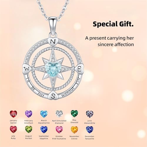 Compass Birthstone Necklace for Women S925 Sterling Silver with Cubic Zirconia - Birthday Jewelry gift for her, Girlfriend, Wife, Mom on Birthday, Anniversary - color: 03 - Aquamarine