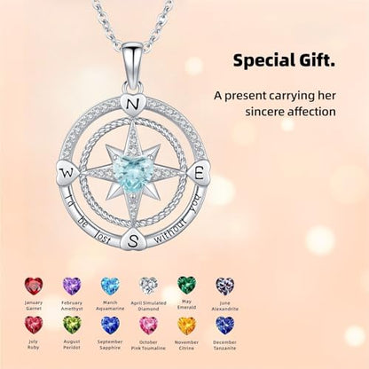 Compass Birthstone Necklace for Women S925 Sterling Silver with Cubic Zirconia - Birthday Jewelry gift for her, Girlfriend, Wife, Mom on Birthday, Anniversary - color: 03 - Aquamarine