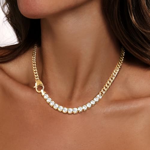 Zeffy 14K Gold/Silver Plated Chunky Thick Chain Toggle Clasp Necklace Dainty Baroque Pearl/Heart/Cross/Turquoise Pendant Necklace - color: Gold Diamond Cuban Link