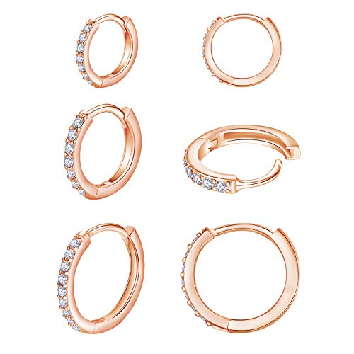 3 Pairs 925 Sterling Silver Small Hoop Earrings for Women Men | Cubic Zirconia, 14K White Gold Plated Huggie Hoop Earrings, Hypoallergenic - style: K-rosegold 8/10/12mm