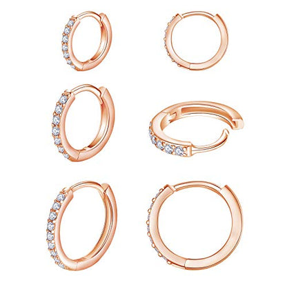 3 Pairs 925 Sterling Silver Small Hoop Earrings for Women Men | Cubic Zirconia, 14K White Gold Plated Huggie Hoop Earrings, Hypoallergenic - style: K-rosegold 8/10/12mm