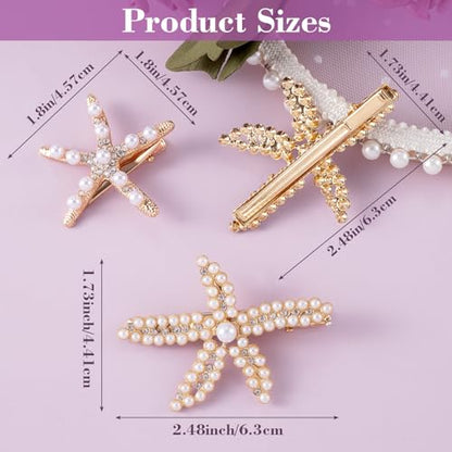 PAGOW 3 PCS Starfish Hair Clips, Gold Rhinestone Pearls Crystal Hair Clips | Sea Star Ponytail Holder, Faux Pearl Crystal Wedding Headpiece Hair Accessories For Women, Girls, Bride(1.73 x 2.48 Inch) - color: 3pcs-gold,style1