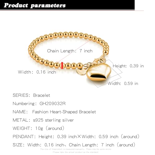 H&Beautimer 925 Sterling Silver 4-10MM Ball Chain Bracelet For Women's - Italian Handmade Bead Chain Bracelet 5''5.7''6.3''6.7''7.5''8''8.3''8.5''9 Inch Rose Gold Party Jewelry - color: 4MM Gold-Heart Pendant, size: 5.7 inches