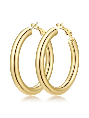 FaithHeart Silver/Black/Gold Stainless Steel Chunky Hoop Earrings for Women | Hypoallergenic Lightweight Hoop Earrings, Trendy Statement Thick Hoop, 20/30/40/50/60/70/80mm - color: Gold, size: 40mm