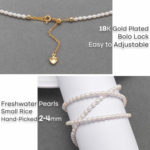 Pearls Necklace, Freshwater Tiny Small Pearls Necklace for Women's Pearl Strand Necklace Chain 18K Gold Plated Hypoallergenic White Necklace as Prom Bridesmaid Birthday Gifts - color: Rice Pearls, 18KGP Lock