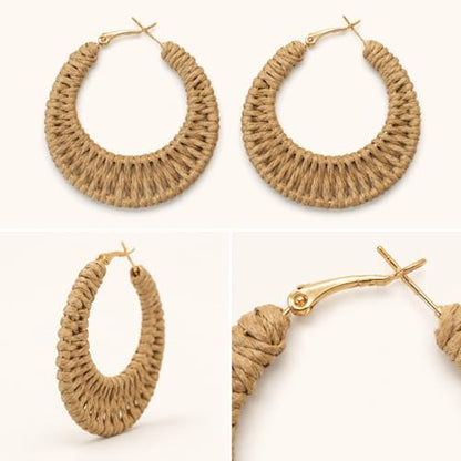 Handmade Rattan Teardrop Dangle Earrings for Women, Lightweight Boho Woven Statement Earrings with Gold Fish Hook, Natural Straw Weave Vacation Jewelry for Summer Beach - style: Open Circle Hoop