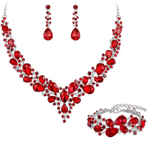 Crystal Bridal Jewelry Set, Floral Statement Necklace, Earrings, Bracelet, Wedding Accessories - color: Red
